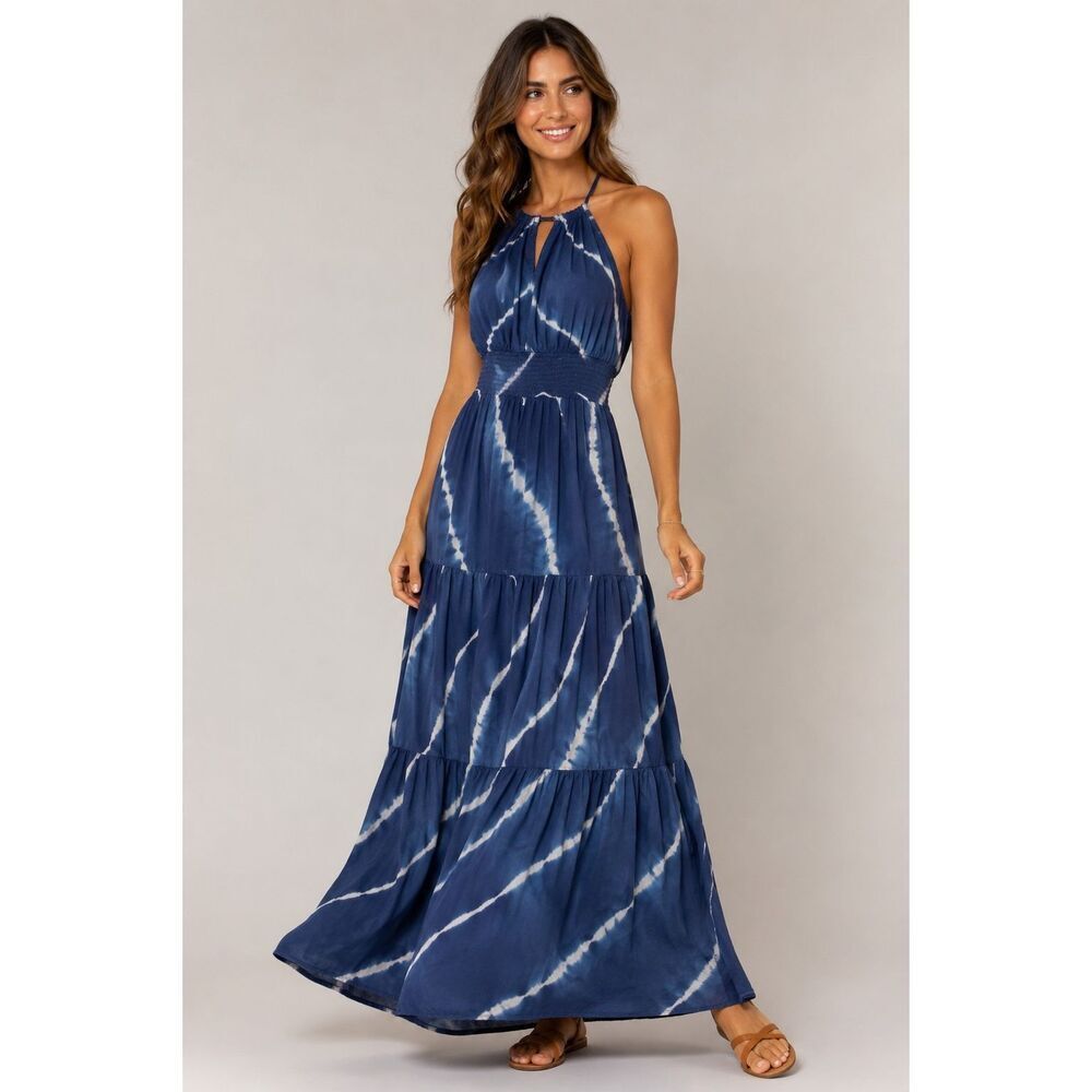 Mainstrip Blue Tie Dye Halter Maxi Dress Smocked Tiered Boho Women M